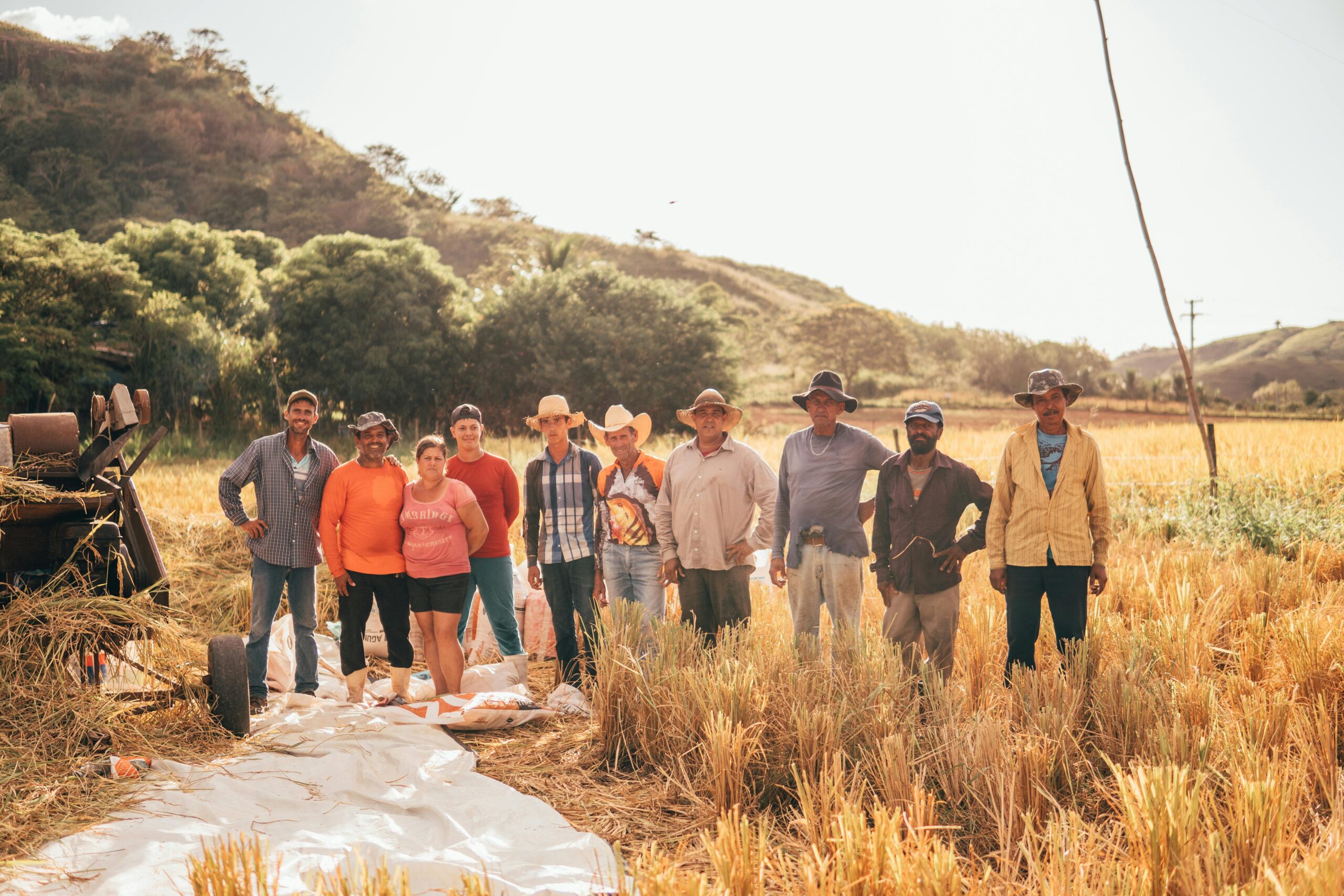 A diverse group of farmers standing together in a sunlit field, showcasing teamwork and agriculture at its finest.